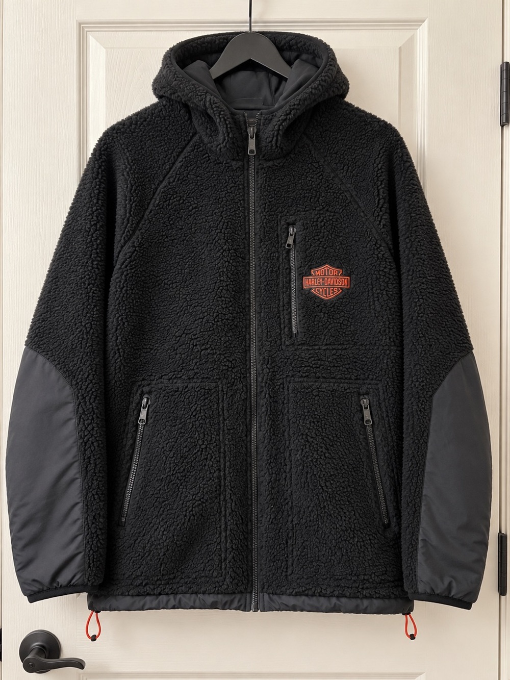 Harley-Davidson Black Sherpa Hooded Performance Jacket with Orange Logo-large